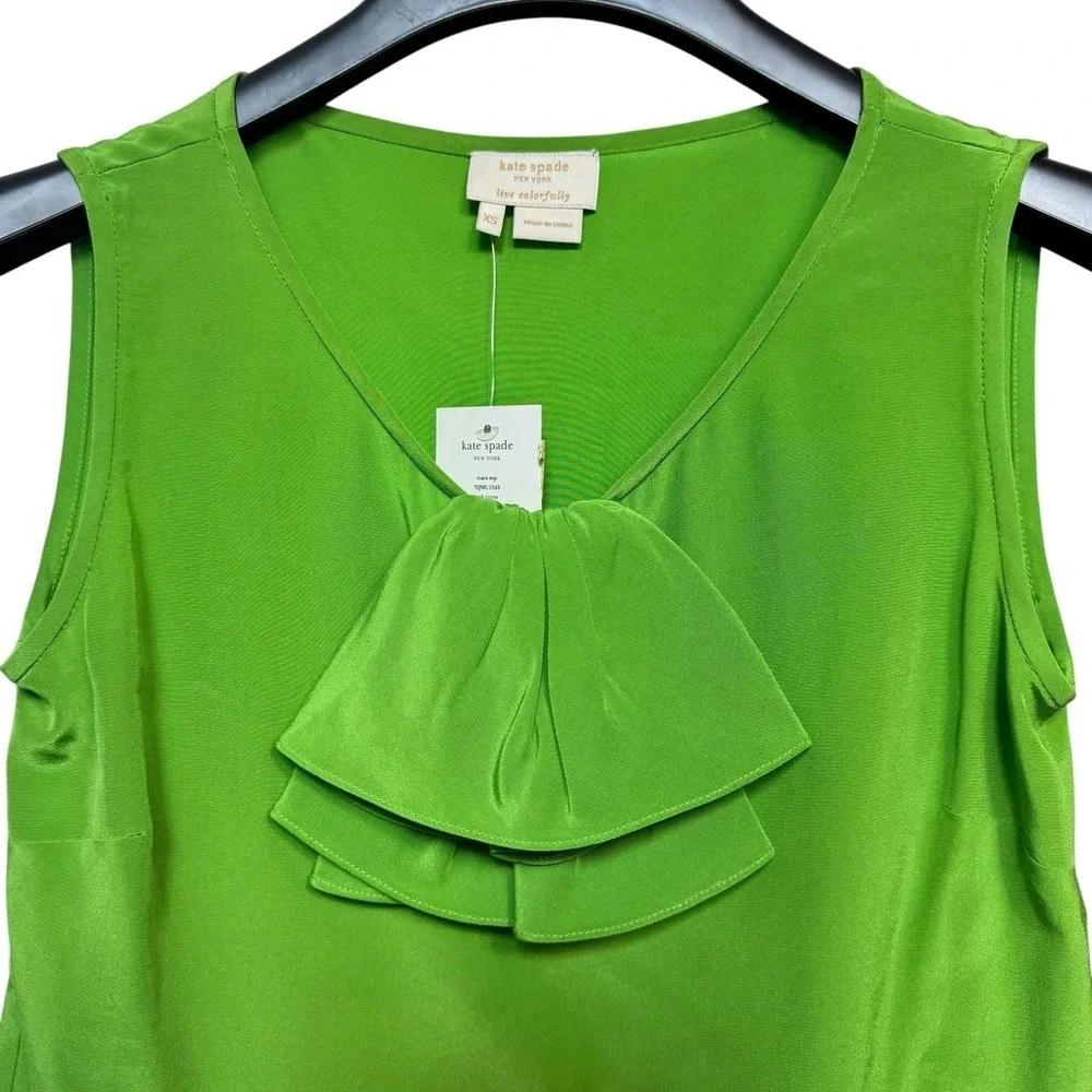 Kate Spade 100% Silk Bow Ruffle Sleeveless Blouse XS Quiet Luxury Work Preppy